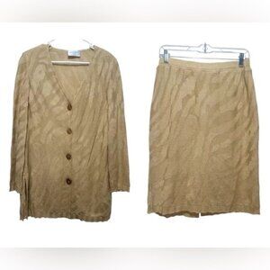 Stizzoli Jacquard Linen Button Down Cardigan Skirt Set Size 44 L-XL Camel Preppy